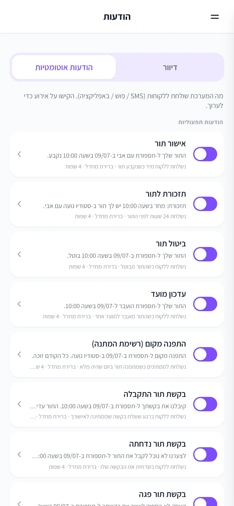 רשימת ההודעות האוטומטיות, ובה «תזכורת לתור · נשלחת 24 שעות לפני התור»