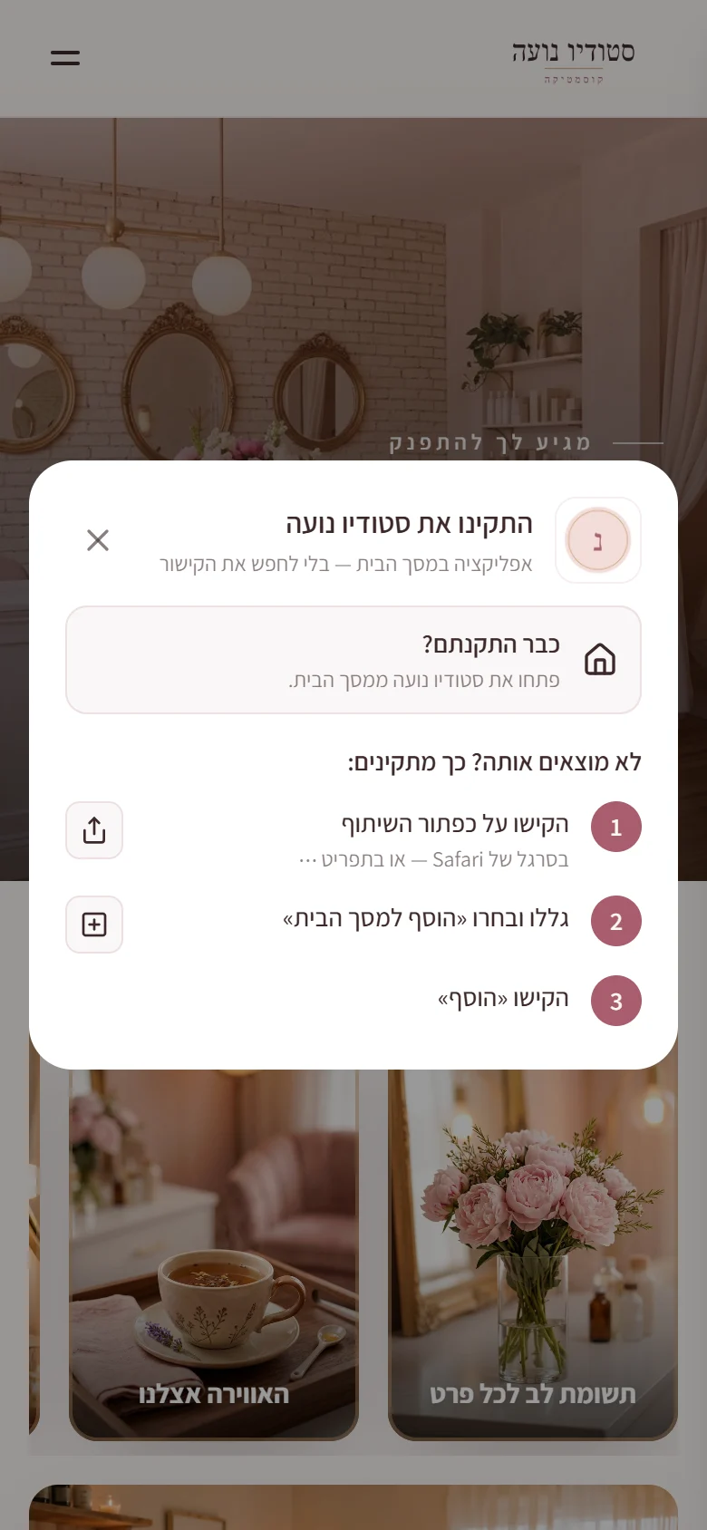 דף העסק באייפון, עם הוראות ההוספה למסך הבית
