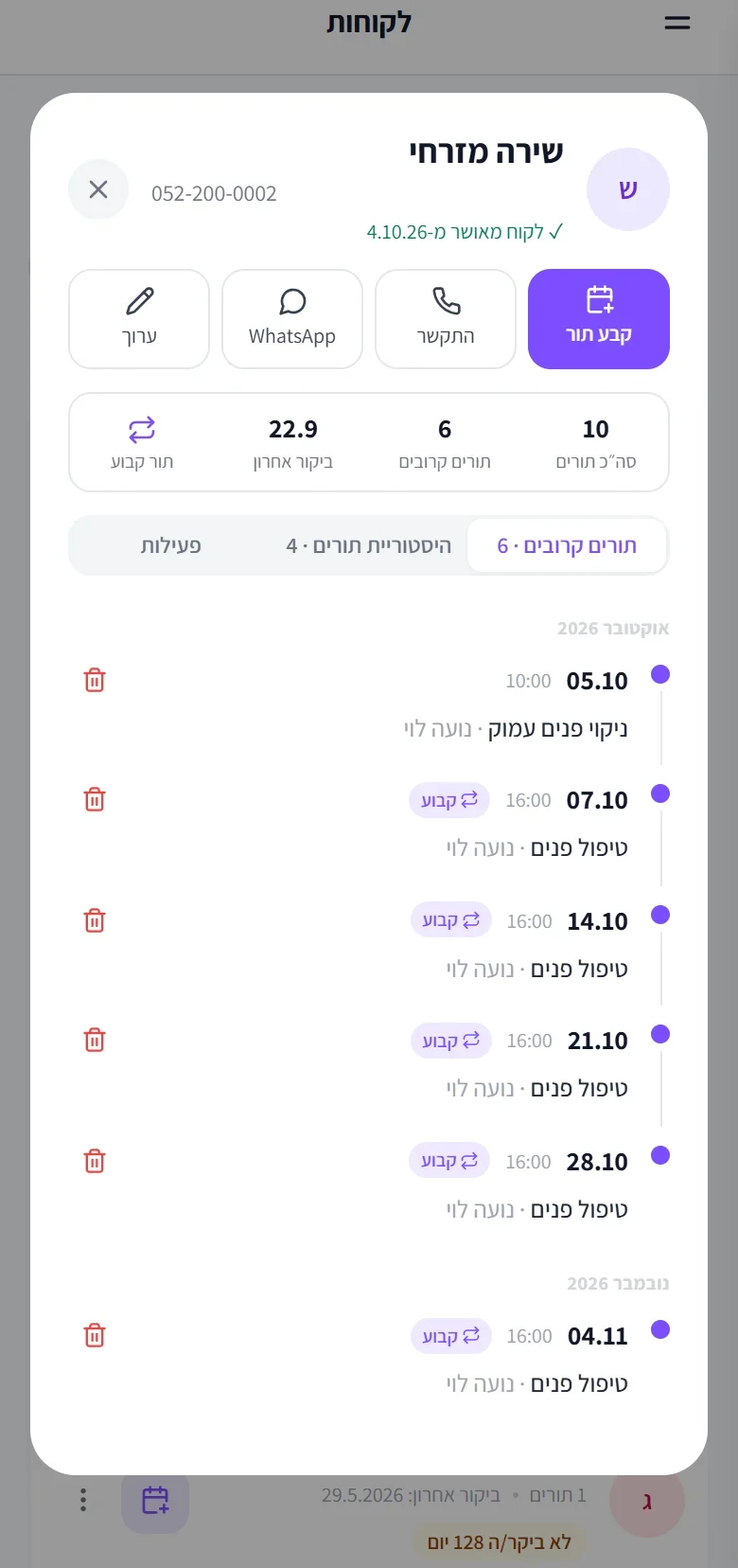 כרטיס הלקוחה: תורים עם התווית «קבוע» בכל שבוע