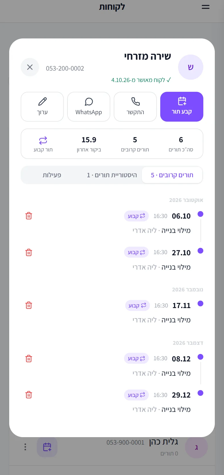 כרטיס הלקוחה של שירה מזרחי: מילוי בנייה ב-6.10, 27.10, 17.11, 8.12 ו-29.12, ב-16:30, כולם מסומנים «קבוע»